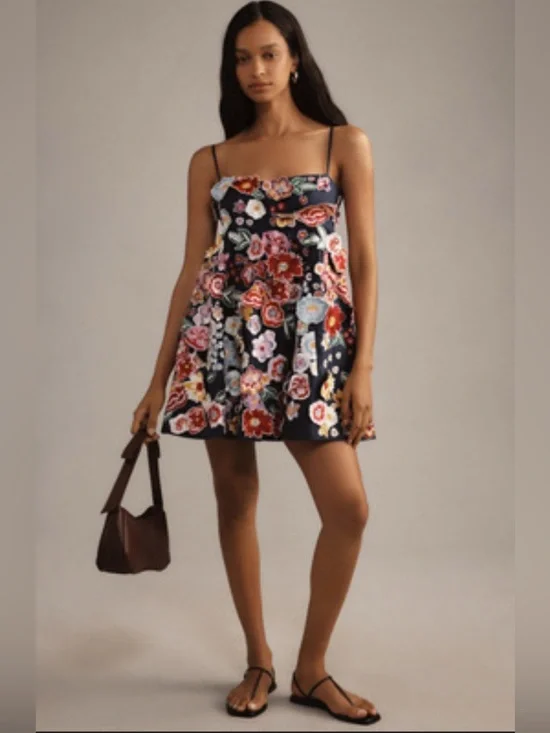 Anthropologie 3D Floral Embroidered Babydoll Mini Dress Navy Size Large - Picture 3 of 11